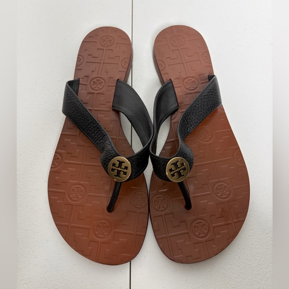 Women’s Tory Burch Thora Black Tan Leather
Flip Flop Summer Sandals SZ 10